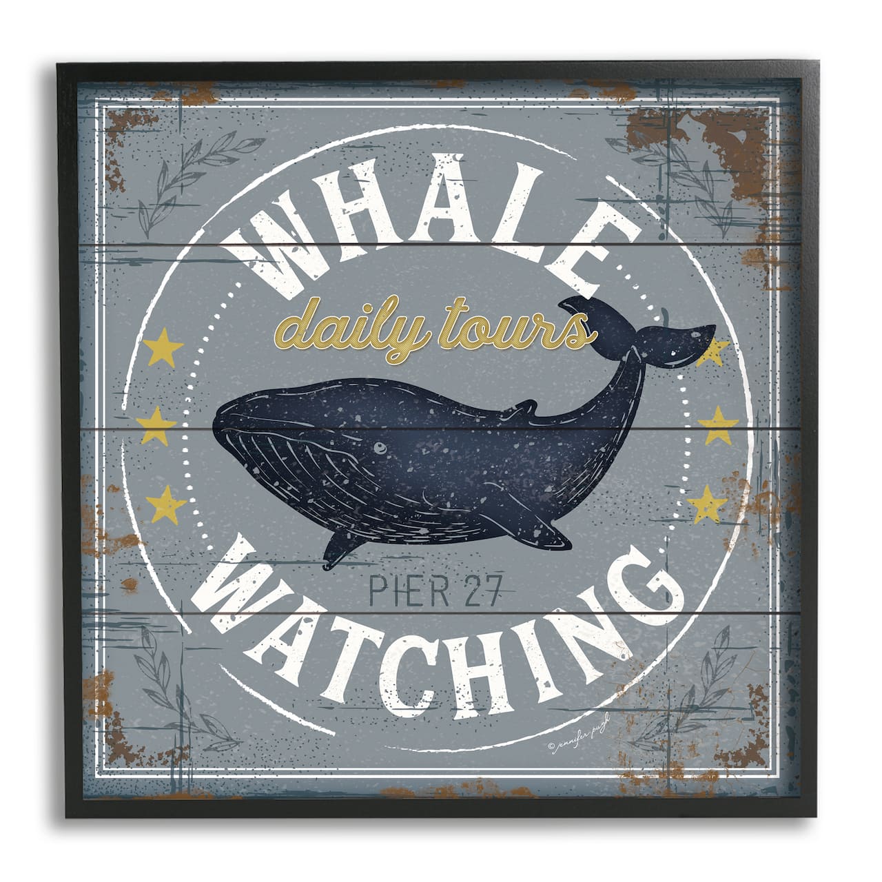 Stupell Industries Whale Watching Tours Sign Rustic Blue Marine Life in Black Frame Wall Art